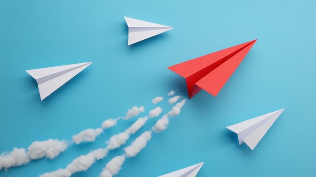Bright red paper airplane leads a flight path above several white paper planes against a solid blue background