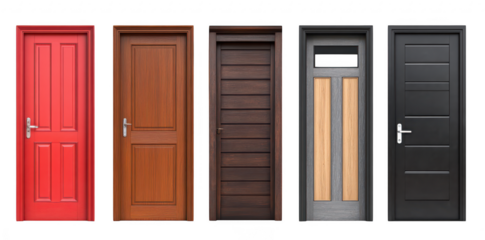 A collection of five distinct doors various styles and colors. including red. brown. dark wood. and modern designs. set against a plain white background. ideal for interior design inspiration