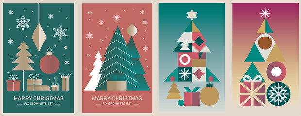 Four festive christmas card designs featuring geometric shapes and winter themes