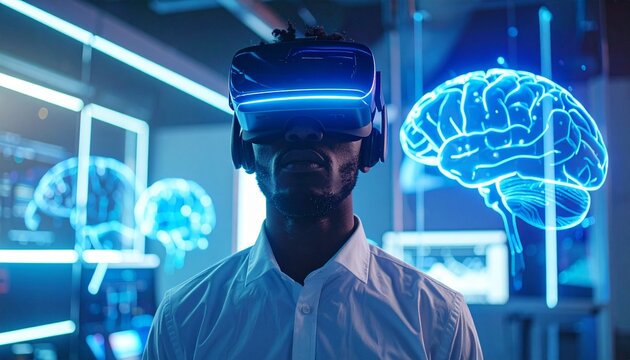 Man wearing virtual reality headset explores digital brain models in futuristic laboratory, showcasing technological advancement and immersive experience.