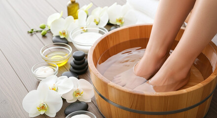 Woman s feet soaking in a wooden basin with orchids and spa products