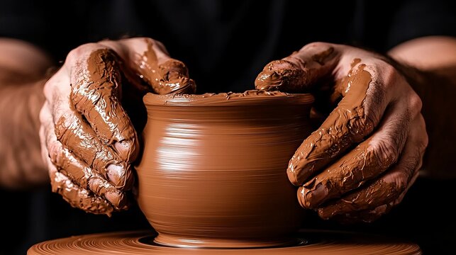 Potter's hands shape a clay vessel on a spinning wheel against a dark background, covered in brown slip.