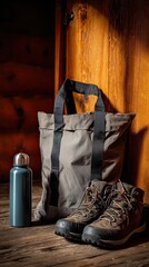 A hiking setup featuring sturdy boots, a water bottle, and a tote bag, placed against a wooden backdrop, suggesting outdoor adventure.