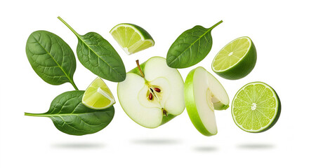 Fresh green apple slices with limes and spinach leaves floating for healthy eating.