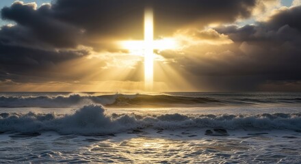 Dramatic ocean scene with a radiant cross in the sky, symbolizing faith and hope