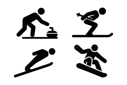 Solid black icon set depicting winter sports: curling, alpine skiing, ski jumping, and snowboarding. Bold silhouette style for universal readability in signage, apps, or event materials. - Powered by Adobe