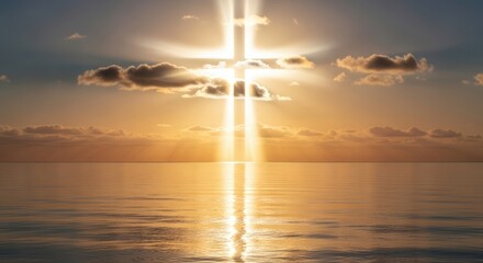 Cross of light shining over water at sunset, a symbol of hope and faith