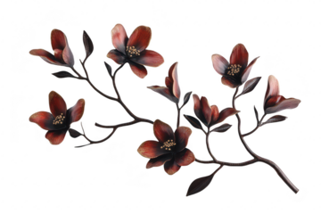 A beautifully crafted floral arrangement featuring elegant red and brown flowers with intricate details. set against a clean white background. ideal for decorative purposes or artistic projects