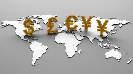 Three dimensional golden major world currency symbols stand prominently above a white relief map background