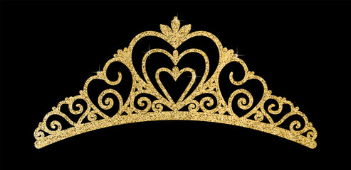 Luxury gold glitter tiara isolated on a black background. Elegant vector tiara with heart and swirl motifs for princess, wedding, birthday, and celebration design concepts. © Kolerowa