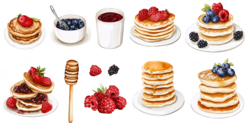 A delicious assortment of fluffy pancakes stacked high. topped with fresh berries and syrup. served on elegant plates. with a background of a cozy kitchen setting perfect for breakfast gatherings
