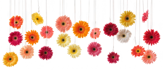 A display of colorful hanging flowers in various shades. creating a cheerful atmosphere. ideal for decorations in events or photography backdrops. with a clean white background enhancing their beauty