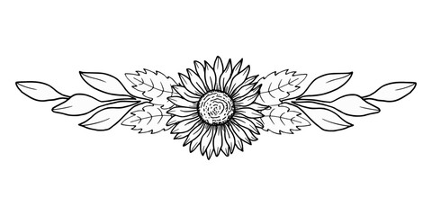 Autumn frame, banner and background. Sunflower flower with leaves. Botanical vector illustration. Hand drawn black graphics. Seasonal holiday design. Thanksgiving. Rustic wedding