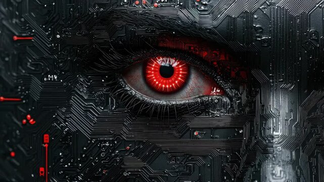 Luminous red cybernetic eye dominates a face made of intricate dark circuit board patterns with red accents