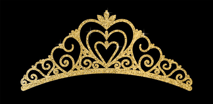Luxury gold glitter tiara isolated on a black background. Elegant vector tiara with heart and swirl motifs for princess, wedding, birthday, and celebration design concepts.