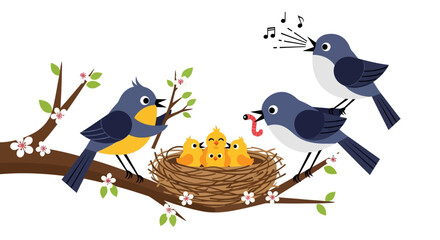 Vibrant illustration captures a bird family in spring, with adult birds diligently feeding their hungry chicks nestled warmly in a cozy nest on a blossoming tree branch