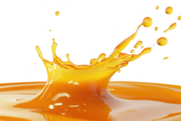 A splash of orange liquid creating dynamic droplets against a clean white background. illustrating motion and fluidity. ideal for culinary or beverage-related visuals