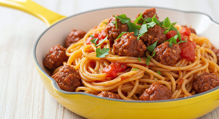 Delicious spaghetti and meatballs in a yellow pan with fresh parsley garnish