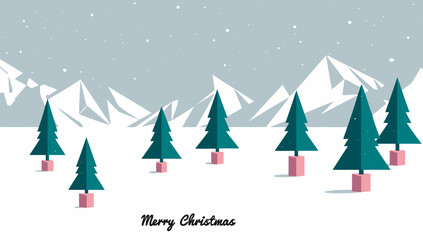 Winter landscape with evergreen trees and gift boxes under a snowy mountain range for festive holidays