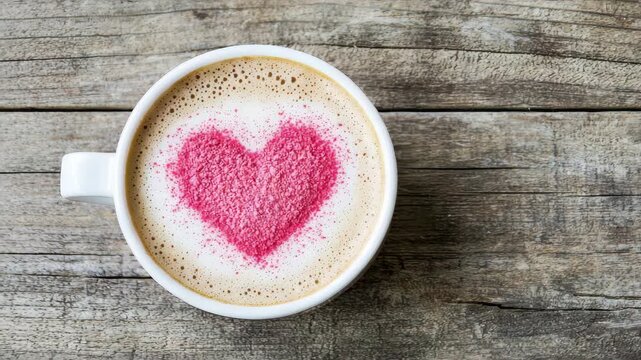 Overhead view of a white coffee mug with pink heart latte art on frothy foam Rustic wooden background provides texture - Powered by Adobe