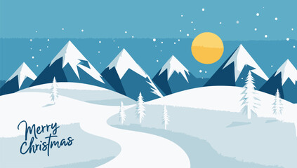 Winter landscape with snow covered mountains and bright sun for festive greetings