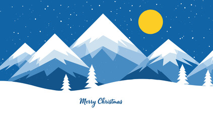 A beautiful winter landscape with snow-capped mountains and a bright yellow moon for festive greetings