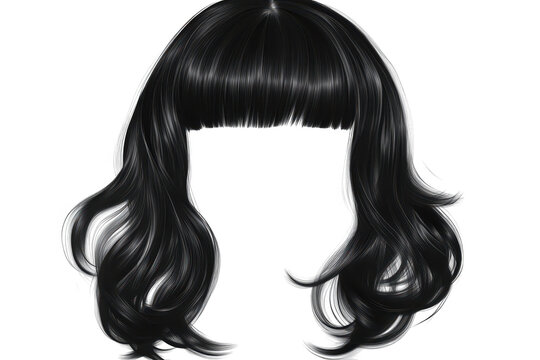 A sleek. stylish black wig with soft waves and bangs. displayed against a plain white background. ideal for fashion shoots. hair styling tutorials. or costume design