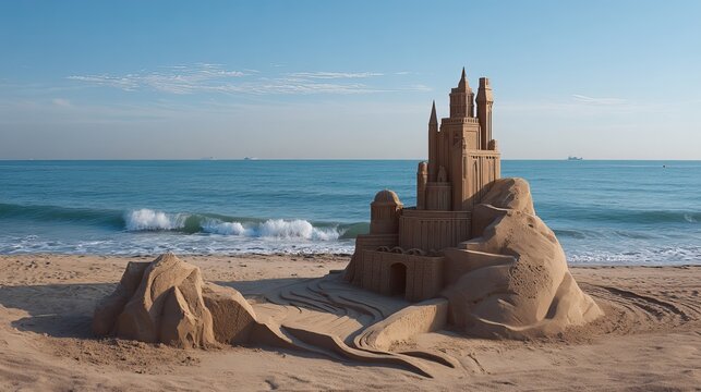 Amazing sandcastle art on sunny beach with ocean waves, perfect for summer vacation travel adventures and coastal lifestyle dreams come true
