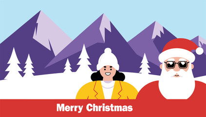 A joyful winter scene with a smiling woman and santa claus enjoying snowy mountains together during christmas holidays