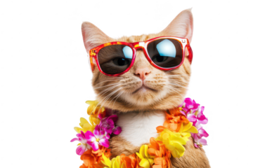 A stylish orange cat wearing sunglasses and a colorful flower lei. posing confidently against a clean white background. perfect for summer-themed content and pet-related marketing