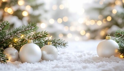 Festive holiday decoration with silver ornaments on snowy ground winter wonderland photography soft focus christmas spirit