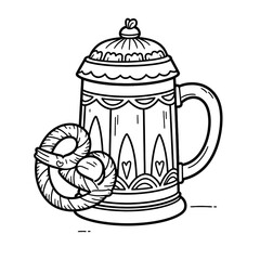 Oktoberfest Beer Stein Continuous Line Art Drawing - German Pretzel Minimalist One Single Line Outline Vector Illustration