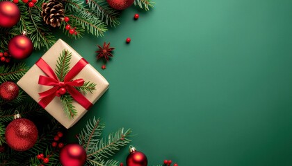 Festive holiday gift arrangement merry christmas celebration image display cozy indoor setting top-down view joyful atmosphere with green and red elements