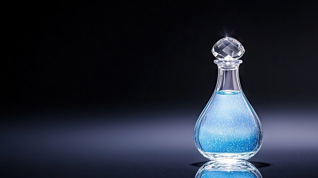 A clear glass decanter with a rounded base and slender neck, filled with a sparkling blue liquid and capped with a faceted crystal stopper.