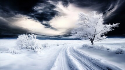 Obraz premium Snowy landscape features a winding path leading past frost-covered trees under a dramatic, cloudy sky, creating a serene winter scene.