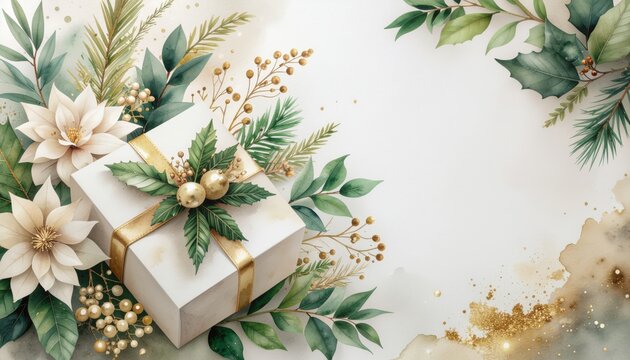 Festive gift presentation holiday season digital artwork floral arrangement close-up view nature-inspired design for celebratory occasions