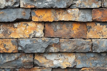 Naklejka premium Old wall made with grey, orange, and brown color rough stone bricks. Great texture for backgrounds or graphic design projects.
