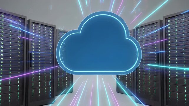 Digital cloud computing icon over server racks with streaming data lines technology concept