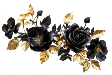 A stunning arrangement of black and gold metal flowers. featuring intricately designed roses and leaves. set against a clean white background. ideal for home decor or artistic displays