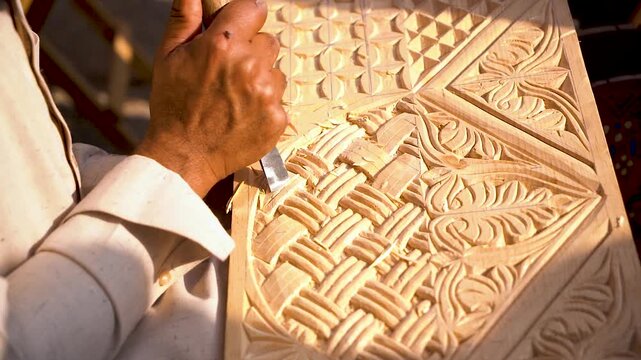Slow-motion shot of Pakistani artist working on woods