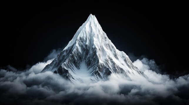 Snowy mountain peak towers above the surrounding clouds against a dark background, showcasing a monochromatic and dramatic scene.
