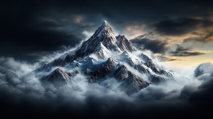 Snowy mountain peak towers amidst misty clouds under a dramatic sky, showcasing sharp ridges and varied textures.
