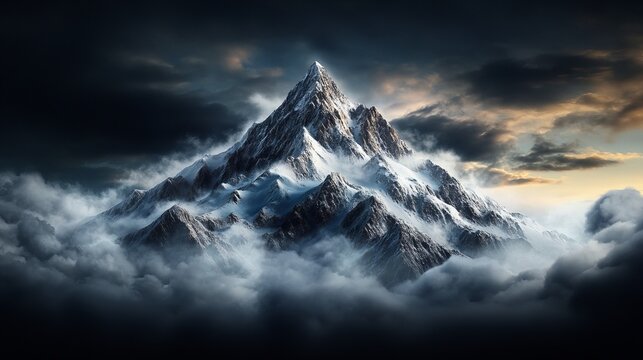 Snowy mountain peak towers amidst misty clouds under a dramatic sky, showcasing sharp ridges and varied textures. - Powered by Adobe