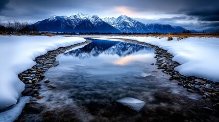 Snowy mountain range reflects in calm river flowing through a winter landscape, surrounded by snow covered ground and rocks.