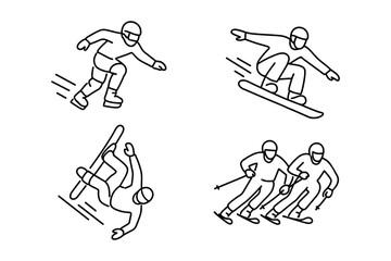 Obraz premium Outlined icon set of winter extreme sports: ice cross downhill, freestyle snowboarding (jump and flip), and parallel slalom skiing. Dynamic linework emphasizes motion and agility