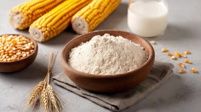 White corn flour in a wooden bowl with dried corn kernels and whole corn cobs on a textured grey background