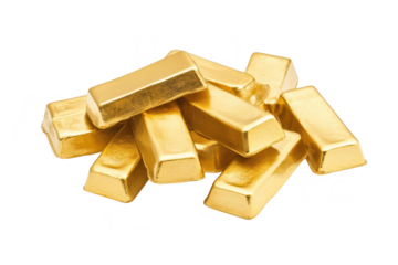 A close-up view of a pile of gleaming gold bars stacked haphazardly. their shiny surfaces and reflecting light. symbolizing wealth and luxury in a minimalist setting