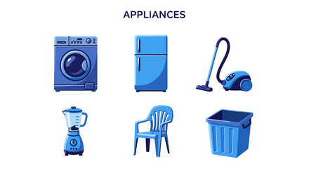A white background displays six blue household items washer fridge vacuum blender chair and bin no background