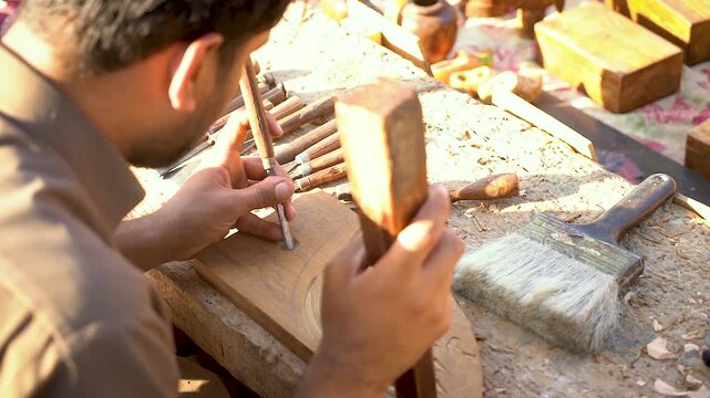 Slow-motion shot of Pakistani artist working on woods.