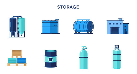 Collection of flat design storage icons including silos tanks warehouse barrels and gas cylinders no background © Faisal